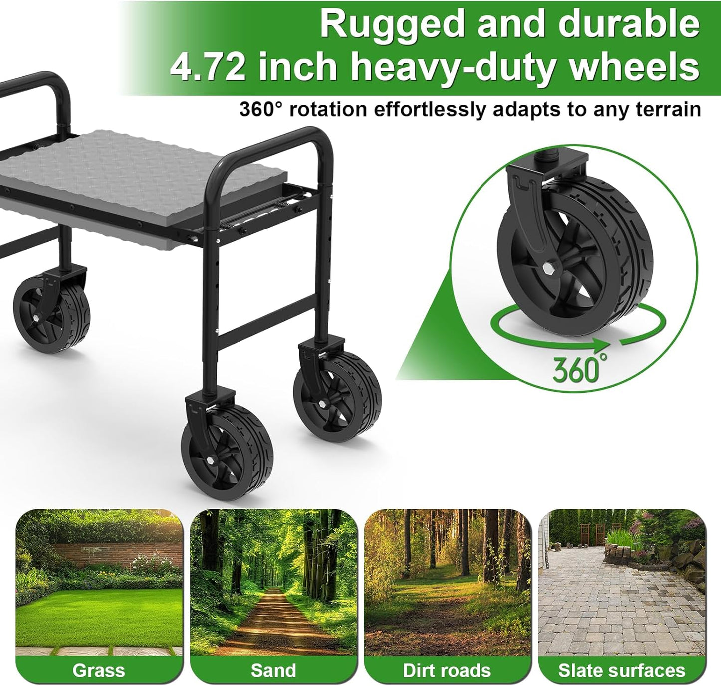 NIUXX Garden Kneeler and Seat with 360° Wheels: 3-in-1 Rolling Garden Stool with Extendable Legs - Foldable Garden Seat with Thick Pad & Tool Pouches - Heavy Duty Gardening Bench for Seniors