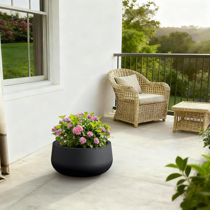 Kante 15.7" Dia Round Concrete Planter, Outdoor Indoor Garden Plant Pots with Drainage Hole and Rubber Plug, Modern Curvaceous Design, Slate Gray