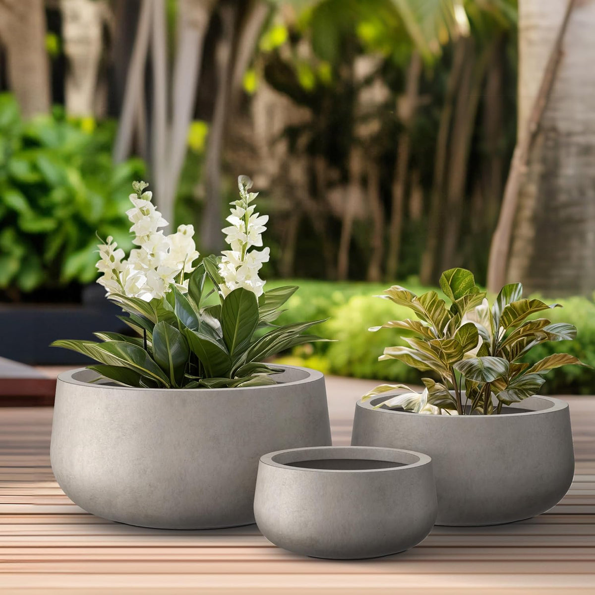 Kante 15.7" Dia Round Concrete Planter, Outdoor Indoor Garden Plant Pots with Drainage Hole and Rubber Plug, Modern Curvaceous Design, Slate Gray