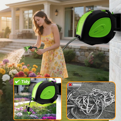 Retractable Garden Hose Reel, Smooth Slow Auto Rewind & Any-Length Lock, Premium Wall Mounted with 180° Swivel Bracket, 1/2 in High-Pressure Hose with 66 FT, Two Sprays