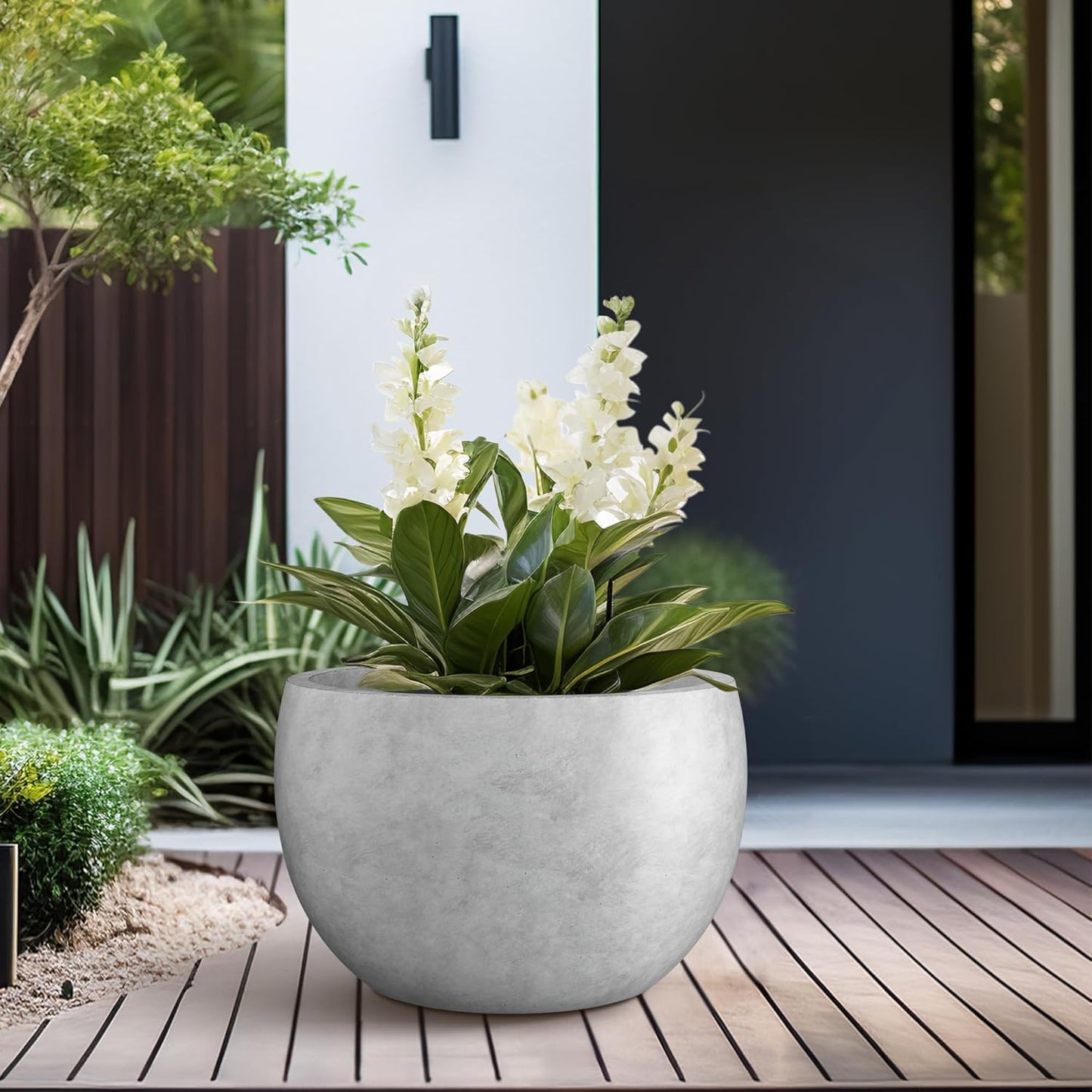Large Round Bowl Vintage BRN Concrete Planter 19.9" Dia, Outdoor
