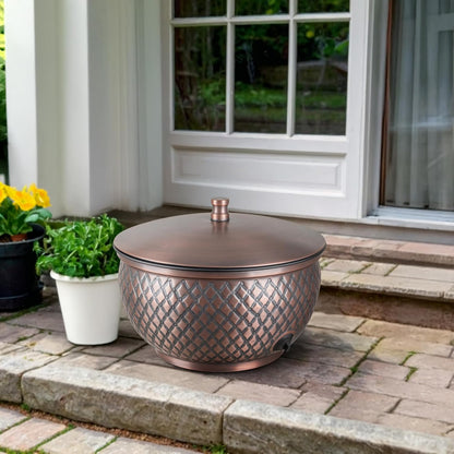 Monarch Abode Garden Hose Holder with Lid – Decorative Water Hose Holders for Outside, Diamond Embossed Metal Patina Pot with Drainage, 100ft Waterhose Holder for Outside, Garden Storage Caddy