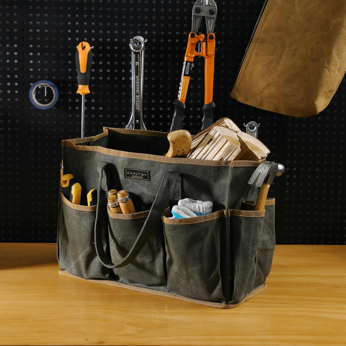 Tool Tote Bag, Heavy Duty 16oz Waxed Canvas Garden Tool Bag | Portable 11-Pocket Tool Storage Bag for Gardener Electrician Contractor Repairman (14"L x 5.5"W x 10.5"H) – Army Green