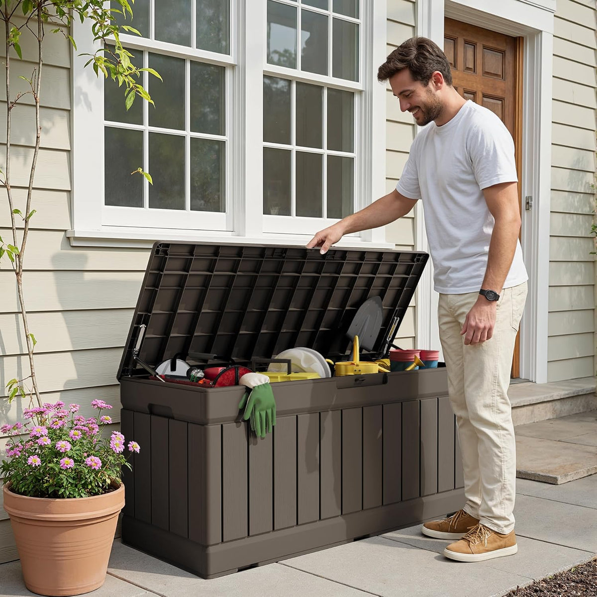 30 Gallon Resin Deck Box Waterproof Outdoor Storage Box for Patio Furniture Pool Accessories Indoor Storage for Cushion Garden Tools (30 Gallon, Black)