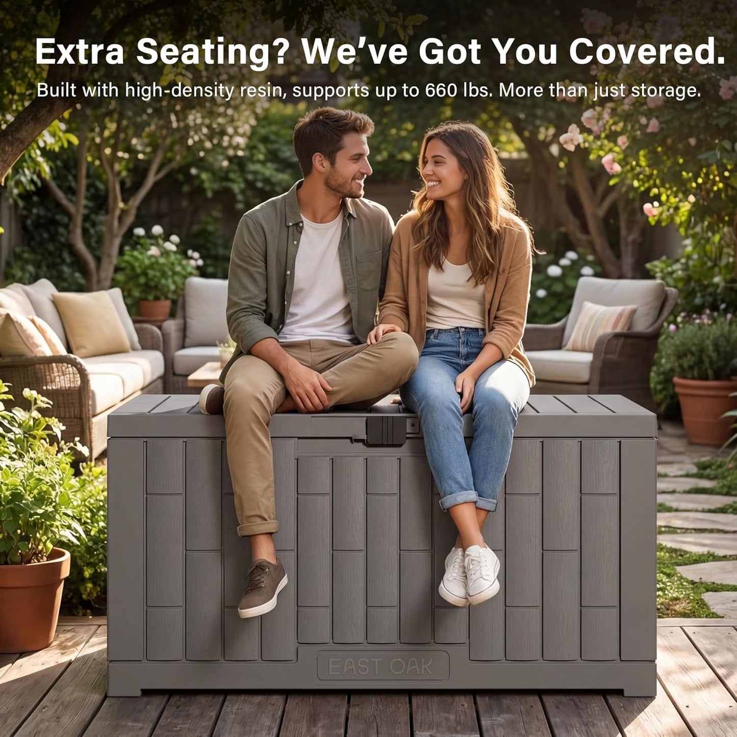 EAST OAK Outdoor Storage Box, 31 Gallon Deck Box Indoor and Outdoor Use, Waterproof Resin Storage Bin for Package Delivery, Patio Cushions, Gardening Tools, Lockable, UV Resistant, Grey
