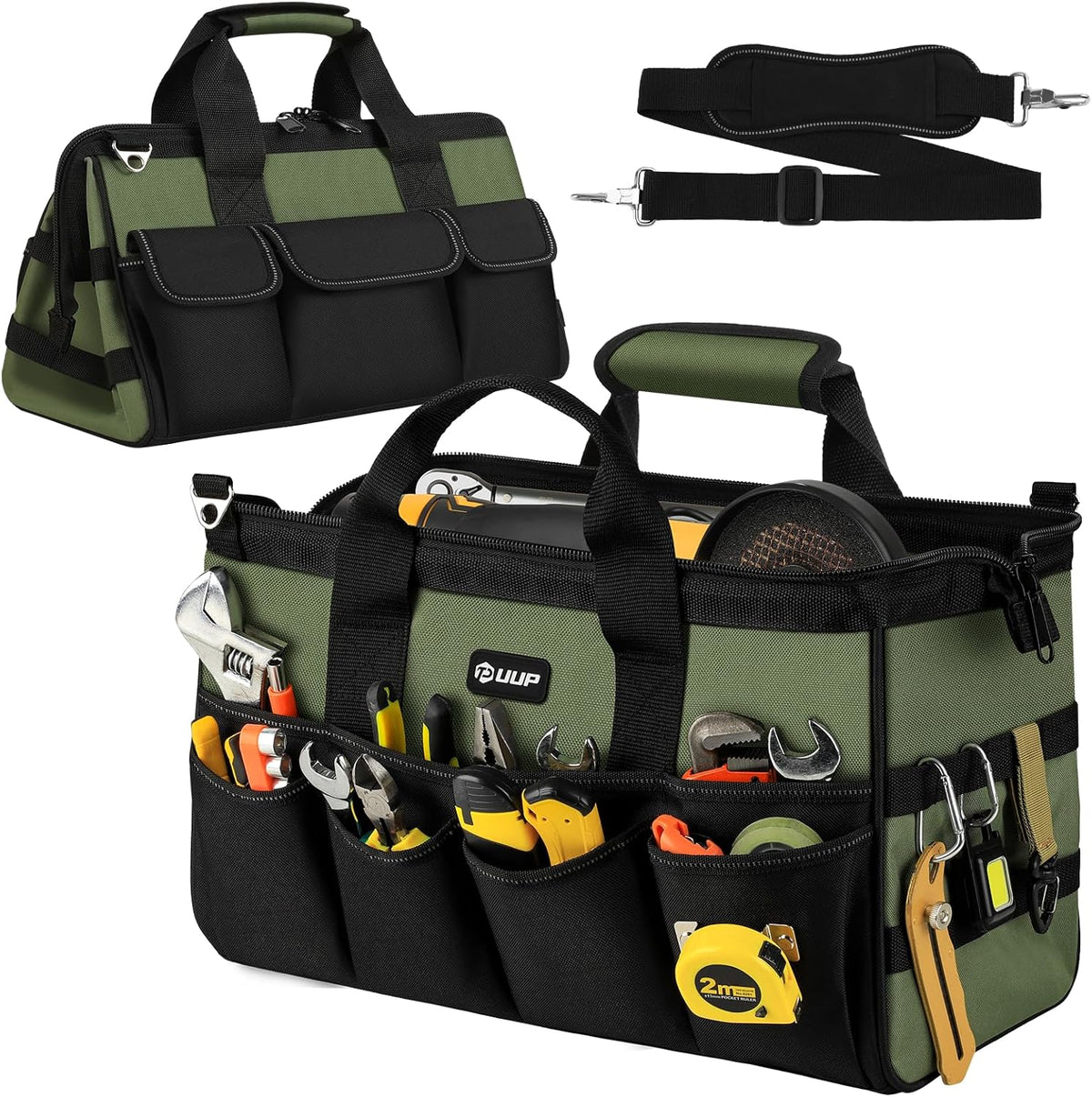 UUP Heavy Duty Tool Bag 15-Inch, 16-Pocket Portable Empty Tool Box Organizer, Big Storage Toolbox Organization, Soft Handle Large Zipper Carrying Toolbag, Father Day Gifts for Him Dad Men, Green