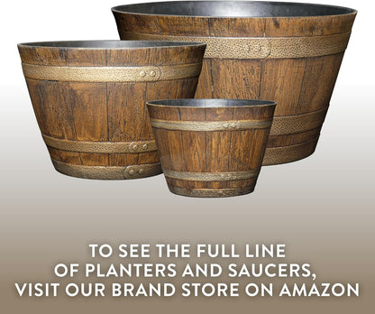 Classic Home & Garden by Growscape Whiskey Barrel Planters, Wooden Finish Flower Planter Pot, Decorative Garden Pots, Indoor Outdoor Resin Planters, Weather-Resistant Plant Pot (15” Oak Brown, 1-Pack)
