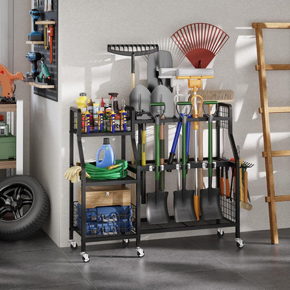 keomaisyto Garden Tool Organizer with 6 Wheels(3 lockable), Heavy Duty Yard Tool organizer with 2 Basket, Large Metal Garage Tool Organization and Storage for Garage/Shed/Yard/Broom Closet/Lawn