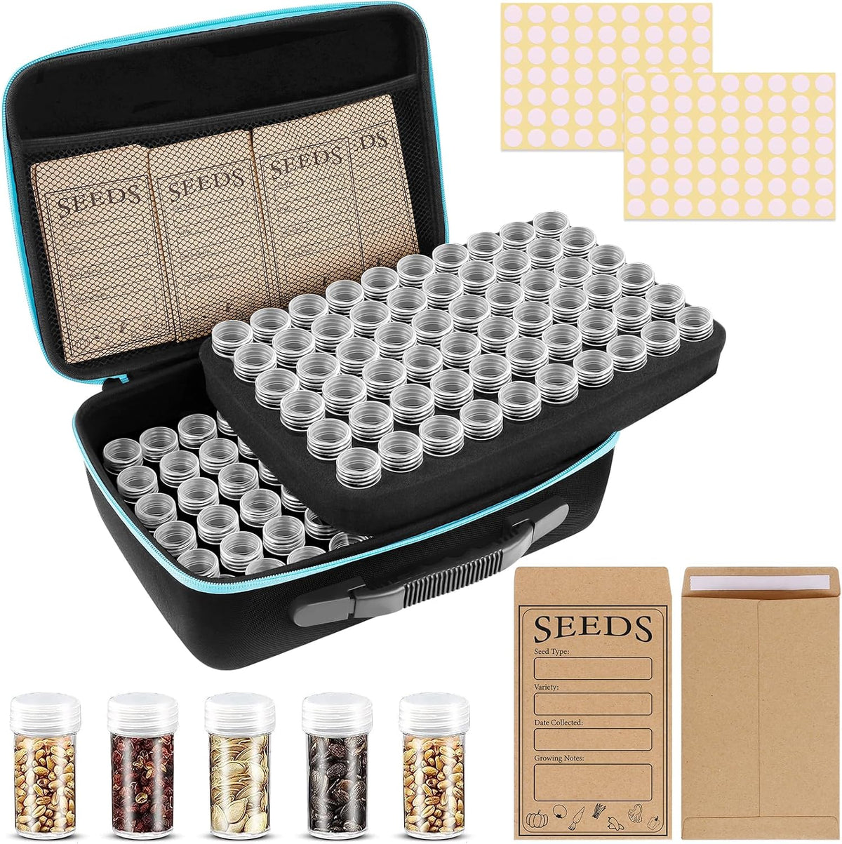 60 Slots Seed Storage Organizer with 20 Seed Envelopes, Sturdy Seed Organizer Storage Box with Zipper Bag Label Stickers(Seeds not Included), Seed Storage Container for Flower Plants Garden