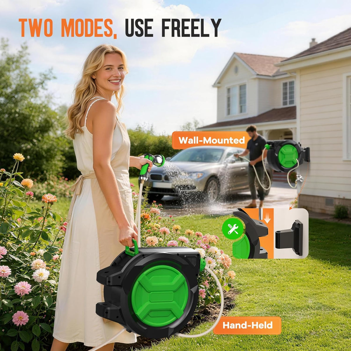 Retractable Garden Hose Reel 1/2" 100ft, 2-in-1 Wall Mount & Portable Auto Rewind Water Hose Reel with Any Length Lock & 180° Swivel, Heavy Duty Outdoor Hose Storage for Garden, Patio and Car Washing