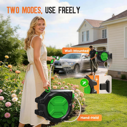 Retractable Garden Hose Reel 1/2" 100ft, 2-in-1 Wall Mount & Portable Auto Rewind Water Hose Reel with Any Length Lock & 180° Swivel, Heavy Duty Outdoor Hose Storage for Garden, Patio and Car Washing