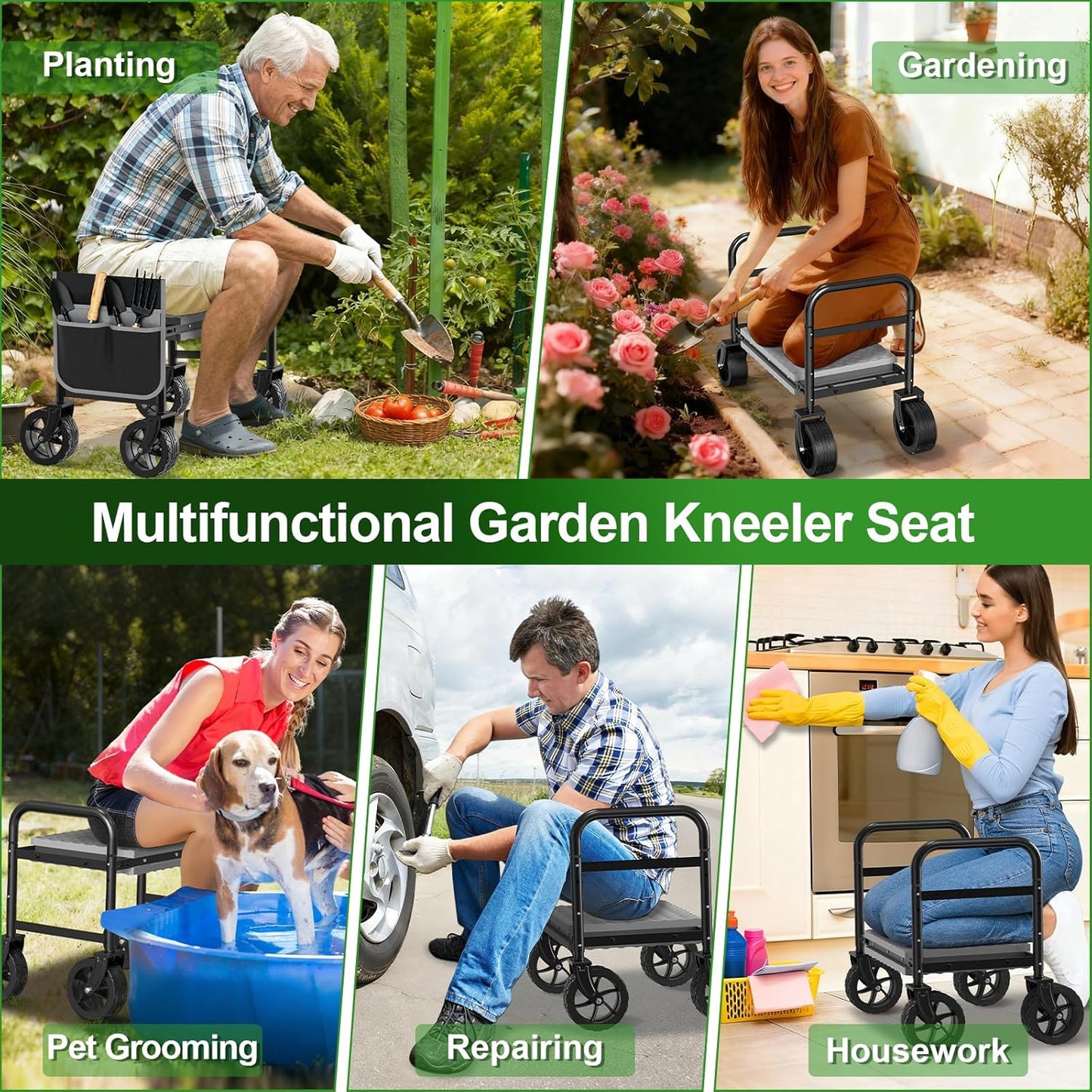 NIUXX Garden Kneeler and Seat with 360° Wheels: 3-in-1 Rolling Garden Stool with Extendable Legs - Foldable Garden Seat with Thick Pad & Tool Pouches - Heavy Duty Gardening Bench for Seniors