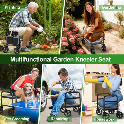 NIUXX Garden Kneeler and Seat with 360° Wheels: 3-in-1 Rolling Garden Stool with Extendable Legs - Foldable Garden Seat with Thick Pad & Tool Pouches - Heavy Duty Gardening Bench for Seniors