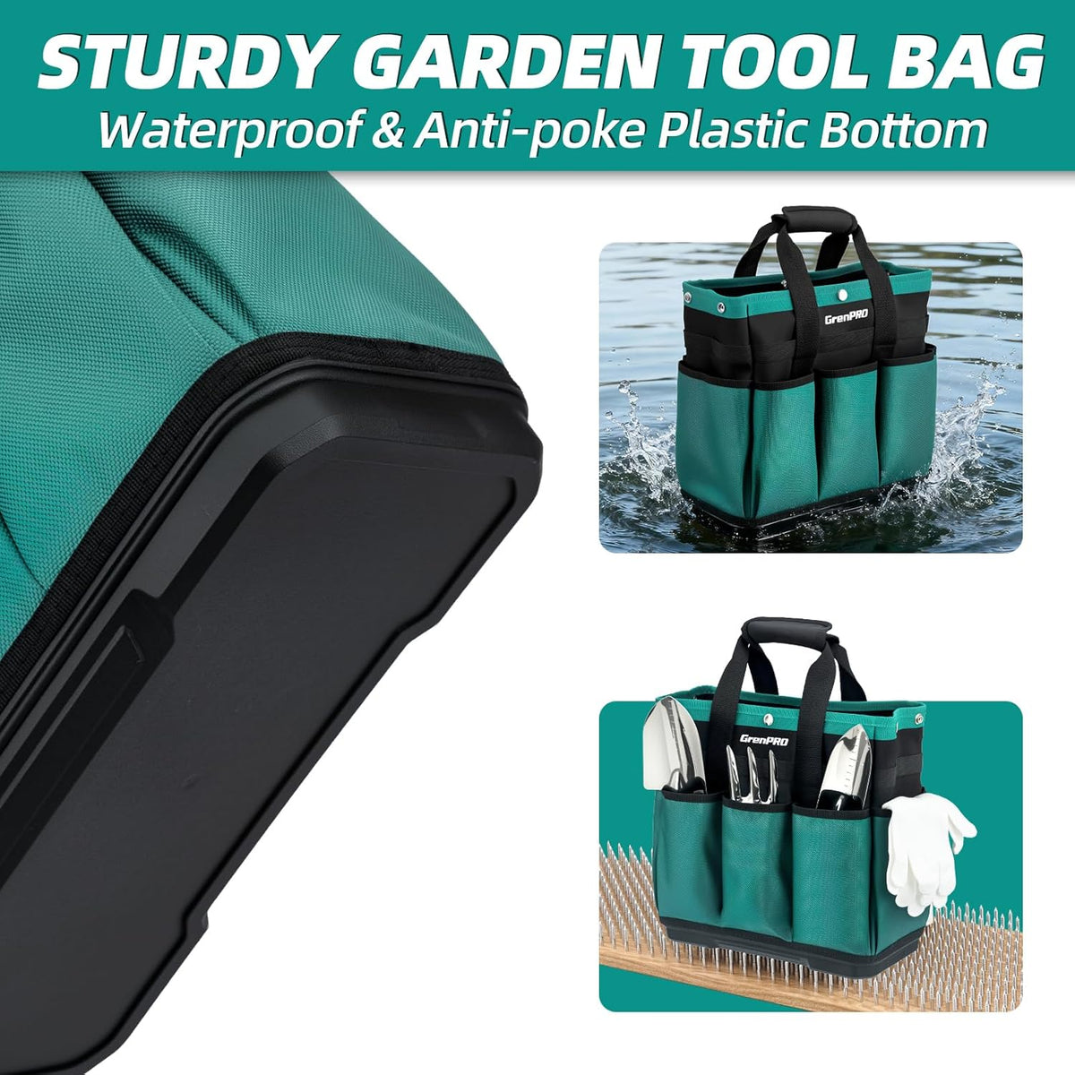 GrenPRO Garden Tool Bag Molded Bottom, Heavy Duty Tool Tote Toolbox with 10 Pockets, Reinforced & Top Snap Closure for Gardening Tools Storage, Dark Green(Tools Not Included)