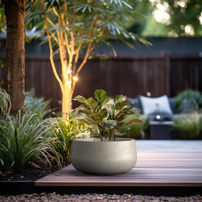 Kante 15.7" Dia Round Concrete Planter, Outdoor Indoor Garden Plant Pots with Drainage Hole and Rubber Plug, Modern Curvaceous Design, Slate Gray