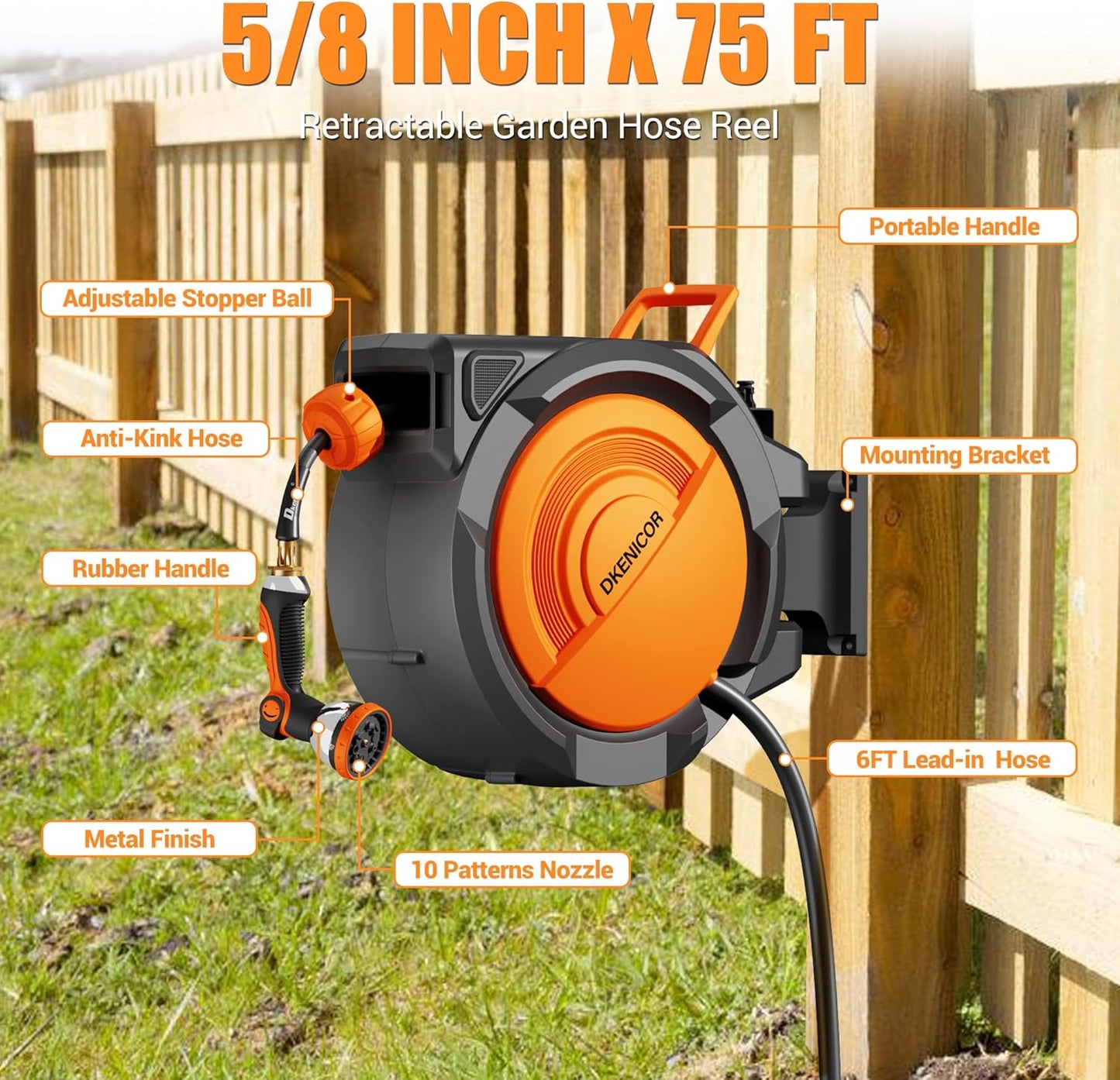 5/8" × 110 ft Retractable Hose Reel, Heavy Duty Retractable Garden Hose Reel Wall Mounted with 10-Pattern Hose Nozzle/Any Length Lock/Slow Return System/180°Swivel Bracket