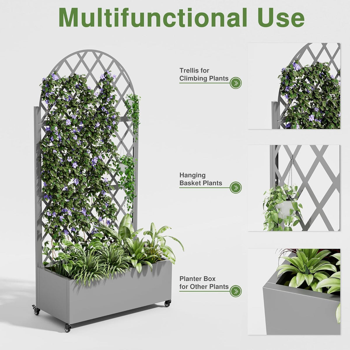 Casaphoria Metal Raised Garden Bed with Trellis and Wheels, 72"x47"x16" Planter Box for Climbing Plants, Vegetables & Vines, Features Drainage Holes and Privacy Screen (Black-Louver) - Colors C