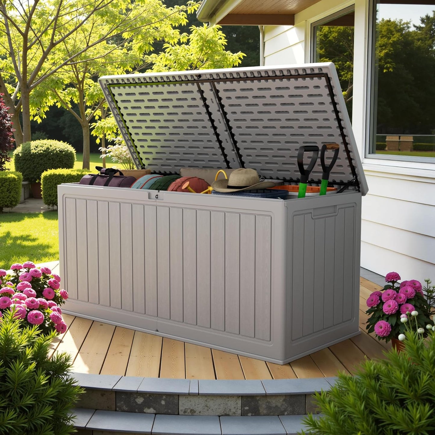 30 Gallon Resin Deck Box Waterproof Outdoor Storage Box for Patio Furniture Pool Accessories Indoor Storage for Cushion Garden Tools (30 Gallon, Black)