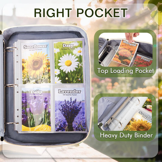 Seed Storage Organizer Binder with 20 PCS Reusable Seed Envelopes - 30 Pack Sheet Protectors Holds 120 Packets Envelopes, Seed Saving Bag for Garden Planner, Green