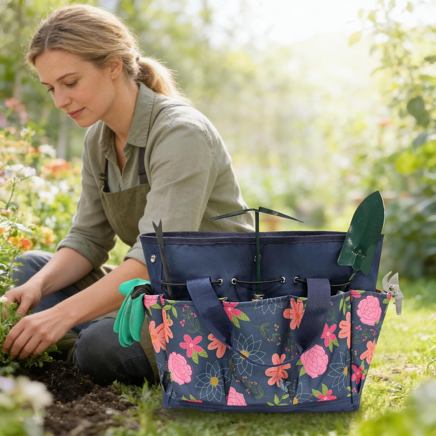 Waterproof Garden Tool Bag, 600D Oxford Portable Gardening Tote with Handle & Multi Pockets, Ideal Gifts for Parents Women (Green, Tools Not Included)