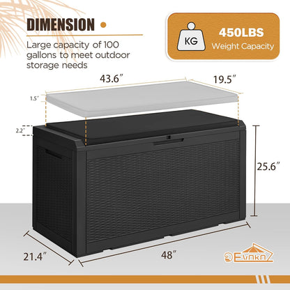 Devoko 100 Gallon Waterproof Large Resin Deck Box Indoor Outdoor Lockable Storage Container for Patio Furniture Cushions Garden Tools (100 Gallon, Black)