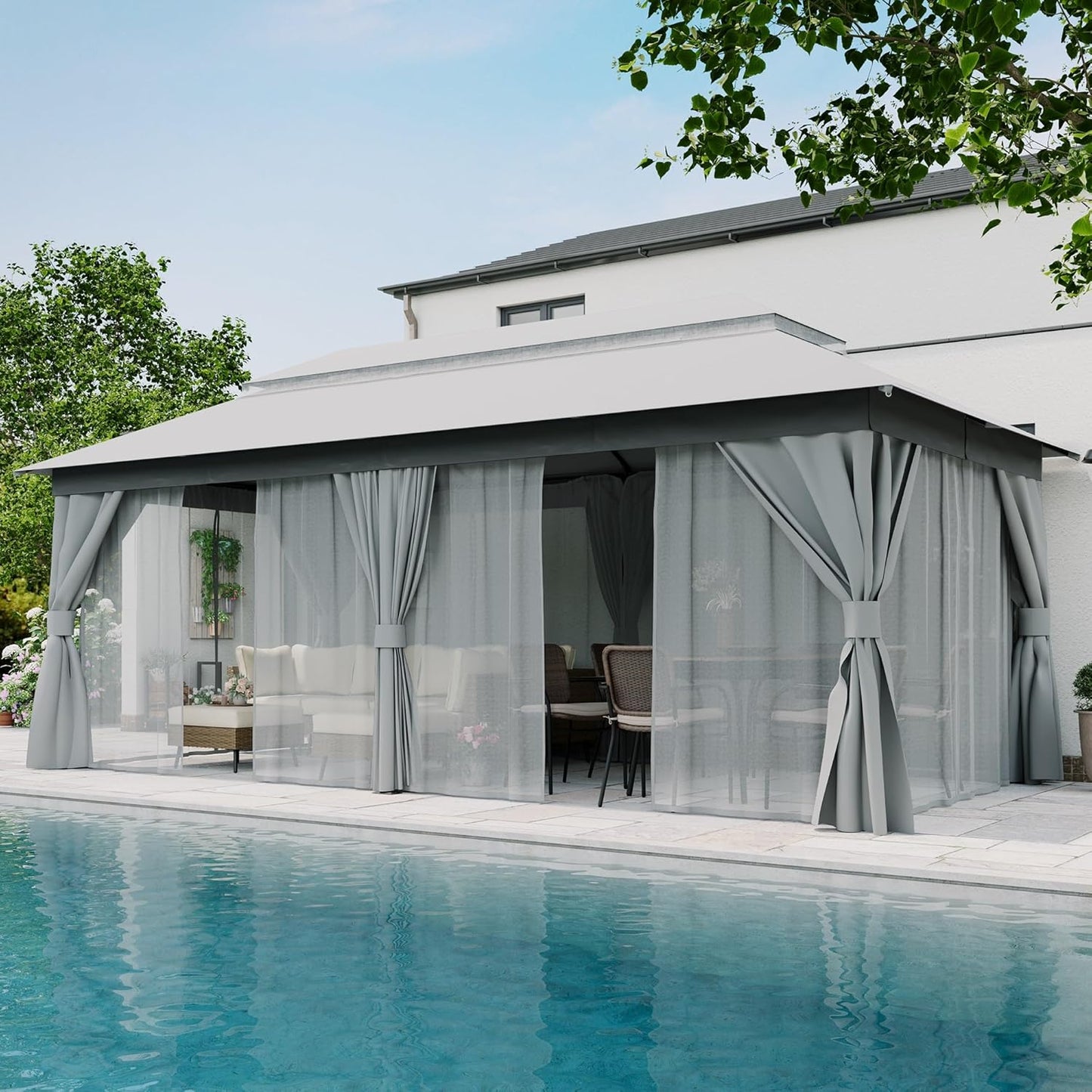 10x20 Gazebo Canopy with 100FT String Lights, Metal Heavy Duty Patio Canopy Tent with Double Roofs, Mosquito Nettings and Privacy Screens for Backyard, Garden, Lawn, Gray