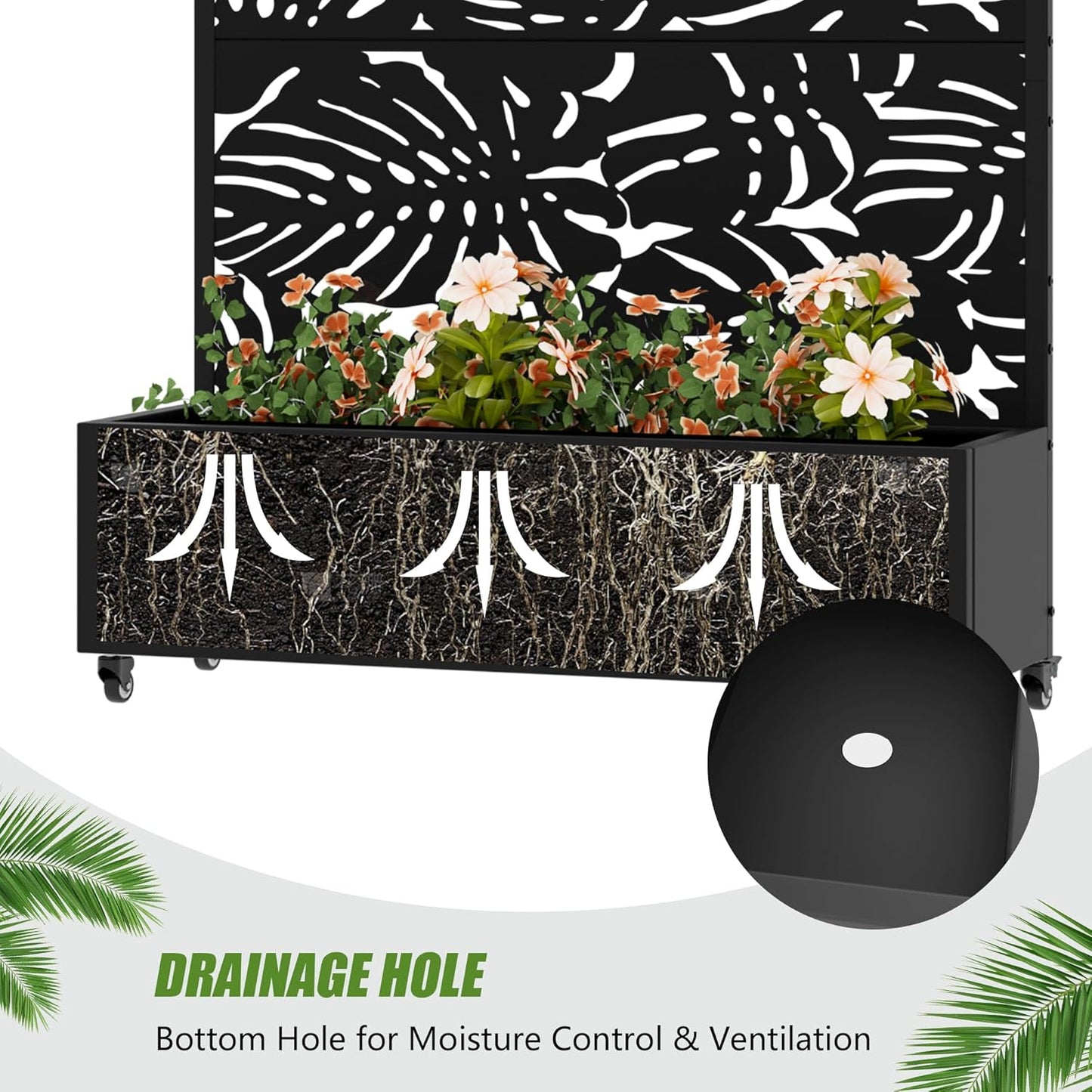 Casaphoria Metal Raised Garden Bed with Trellis and Wheels, 72"x47"x16" Planter Box for Climbing Plants, Vegetables & Vines, Features Drainage Holes and Privacy Screen (Black-Louver) - Colors B