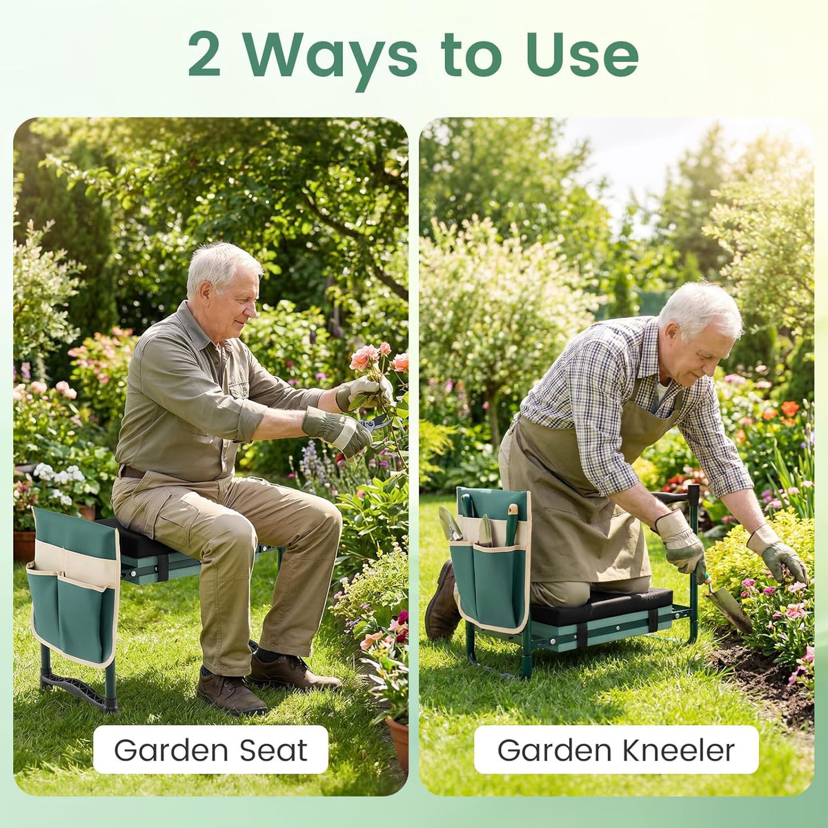 2-in-1 Garden Kneeler & Seat, Folding Seat w/EVA Foam Kneeling Pad & Removable Tools Pouch, Sturdy Steel Frame, No Assembly, Portable Heavy Duty Garden Stool for Women & Men