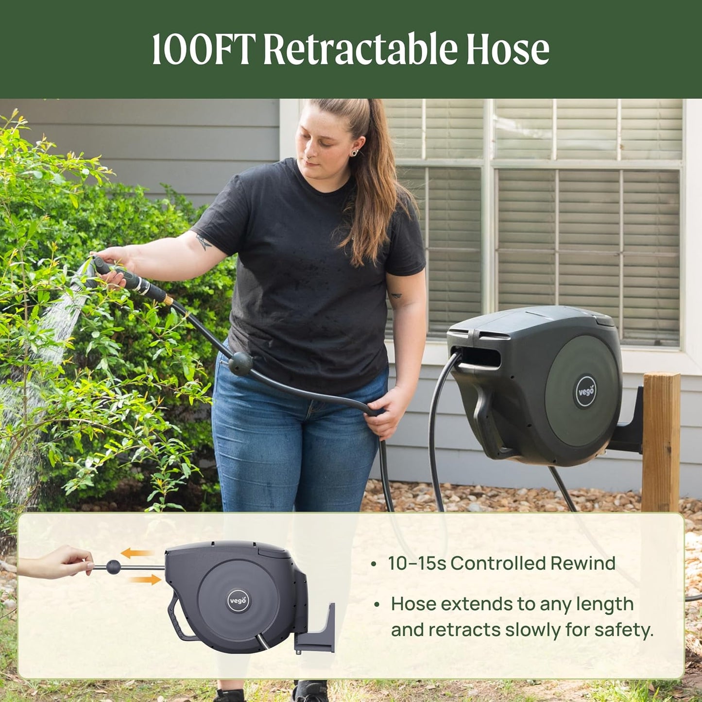 Vego Garden Hose Reel Retractable Hi-Flow Wall Mounted Hose Reel Automatic Rewind, Any Length Lock with 9 Patterns Sprayer Nozzle, Quick Connector and Adjustable shot Nozzle (Seaweed Green, 100ft)