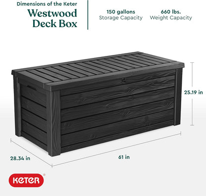 Keter 150 Gallon Resin Large Deck Box Organization and Storage Box for Patio, Outdoor Cushions, Garden Tools, Brown