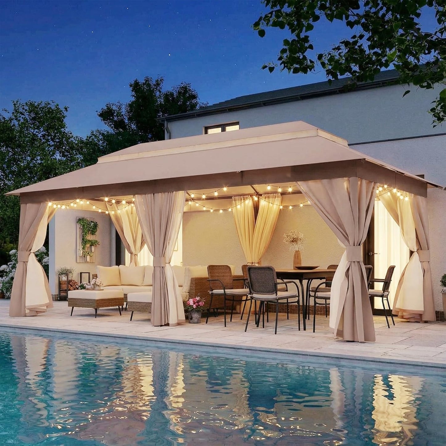 10x20 Gazebo Canopy with 100FT String Lights, Metal Heavy Duty Patio Canopy Tent with Double Roofs, Mosquito Nettings and Privacy Screens for Backyard, Garden, Lawn, Gray