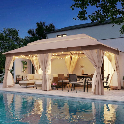 10x20 Gazebo Canopy with 100FT String Lights, Metal Heavy Duty Patio Canopy Tent with Double Roofs, Mosquito Nettings and Privacy Screens for Backyard, Garden, Lawn, Gray