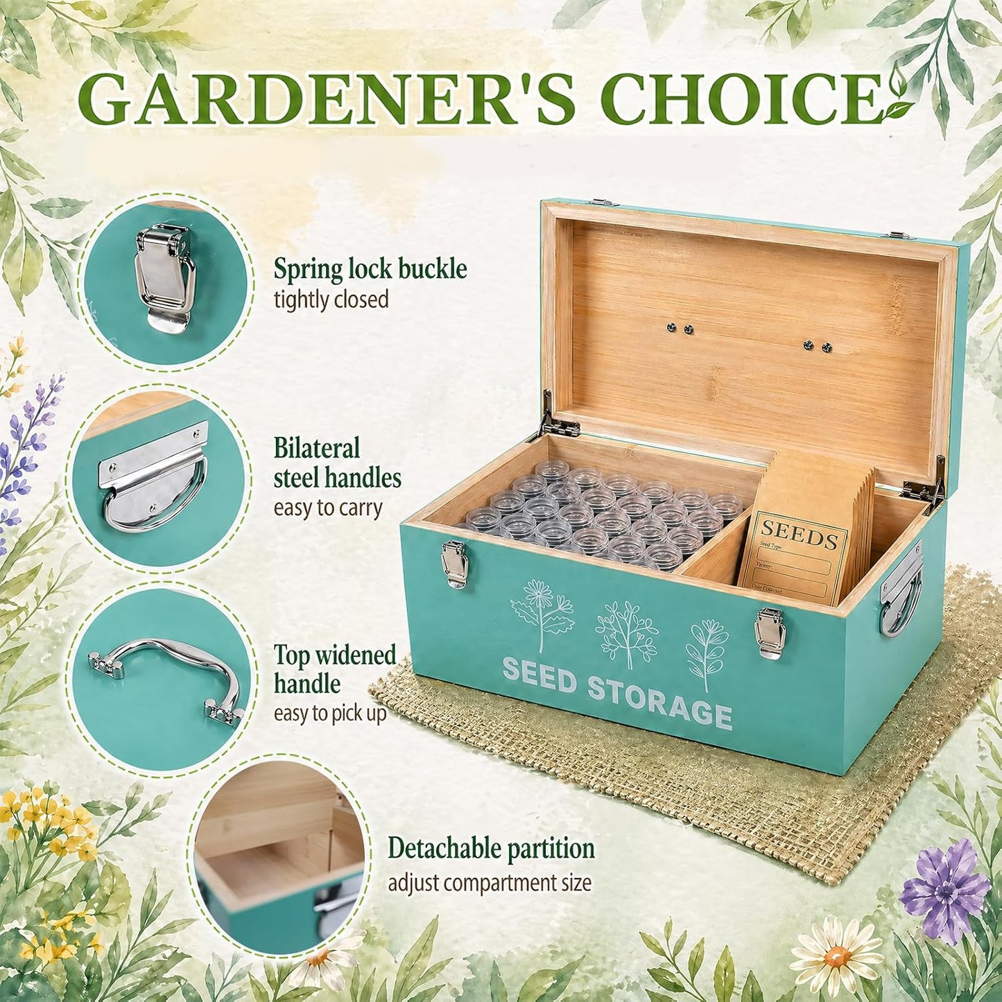 60 Slots Seed Storage Organizer, Metal Seed Saving Box with Lid and Safety Locks, Seeds Storage Container with 60 Seeds Envelopes and 64 Label, 3 Compartments, Perfect for Flower Plants Garden