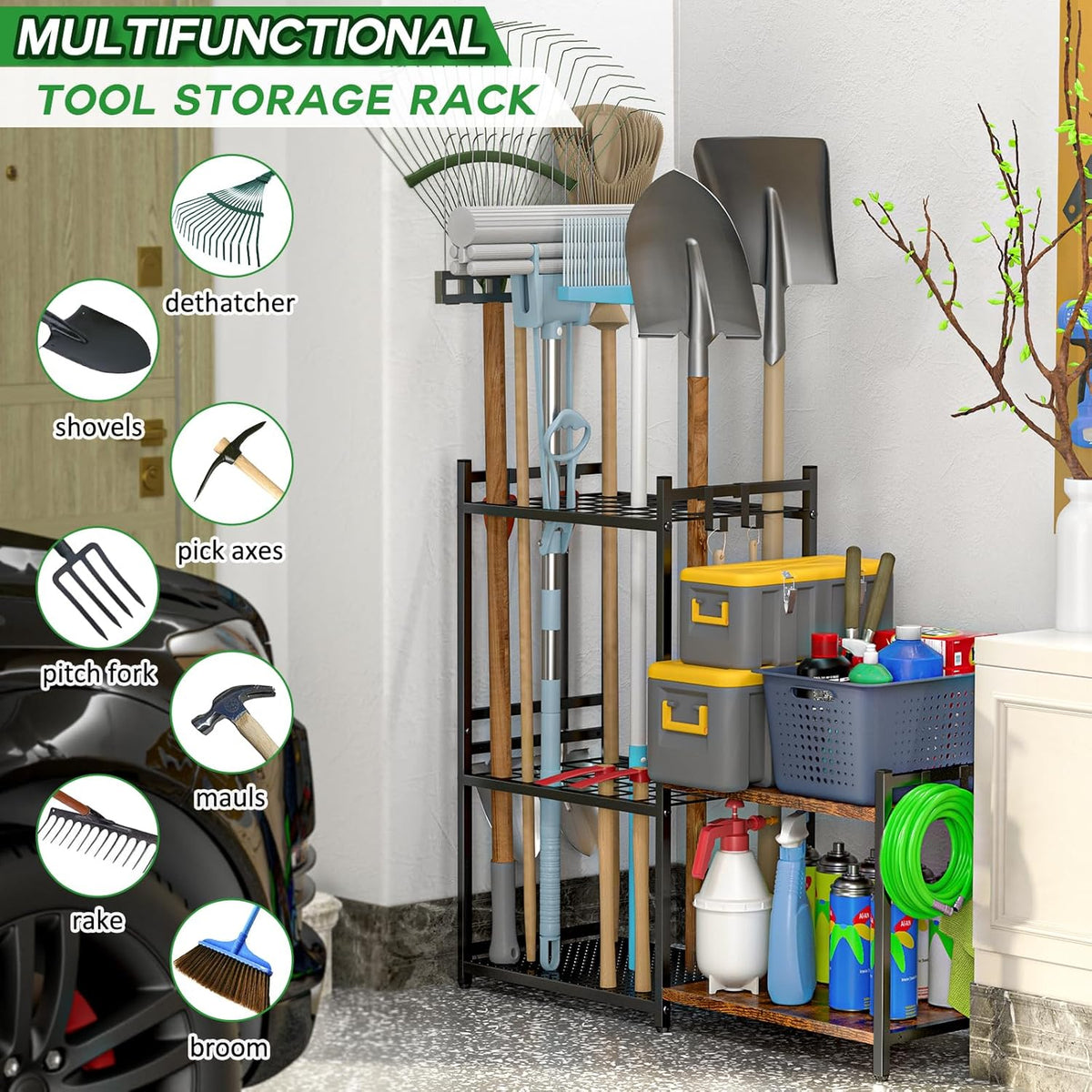 DAOUTIME Garden Organizer With Wheels, Yard Tower Rack for Garage Storage, Up to 35 Long-Handled Tools, Sturdy Metal Steel Holder With 3 Hooks, Outdoor, Black