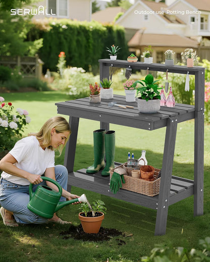 SERWALL Outdoor Potting Bench with Removeable Sink,Rot-Resistant HDPE Potting Table for Outside Gardening, All Weather Use - Gray