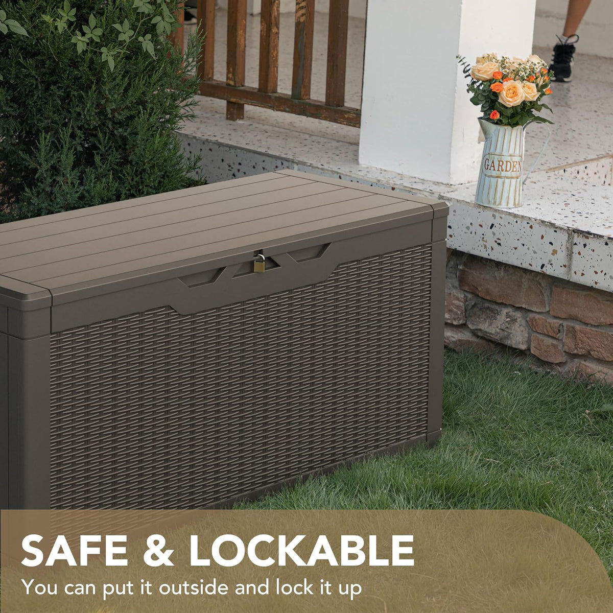 Devoko 100 Gallon Waterproof Large Resin Deck Box Indoor Outdoor Lockable Storage Container for Patio Furniture Cushions Garden Tools (100 Gallon, Black)