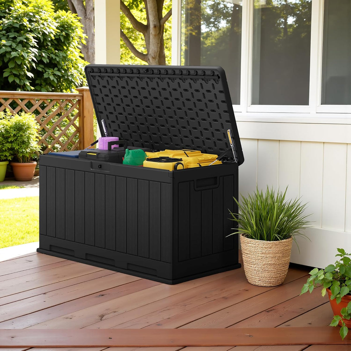 30 Gallon Resin Deck Box Waterproof Outdoor Storage Box for Patio Furniture Pool Accessories Indoor Storage for Cushion Garden Tools (30 Gallon, Black)