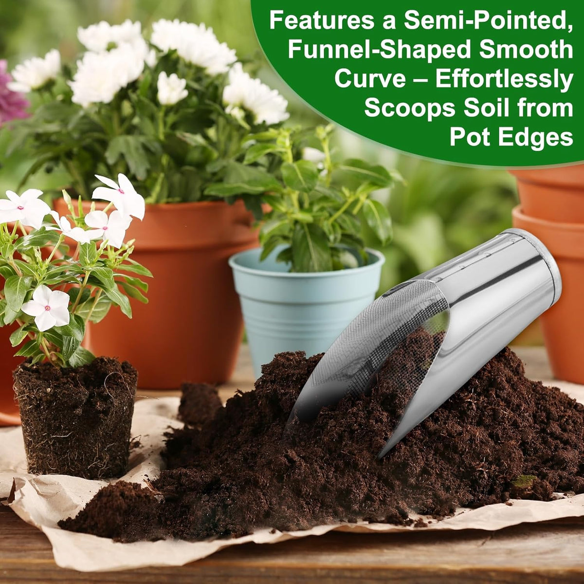 M METERXITY 1-Set Bonsai Soil Scoop, 3 Sizes Stainless Steel Garden Soil Scoops Bucket Shovels Potting Scoopers for Transplanting/Flower Planting, Small Gardening Tools [Silver Tone]