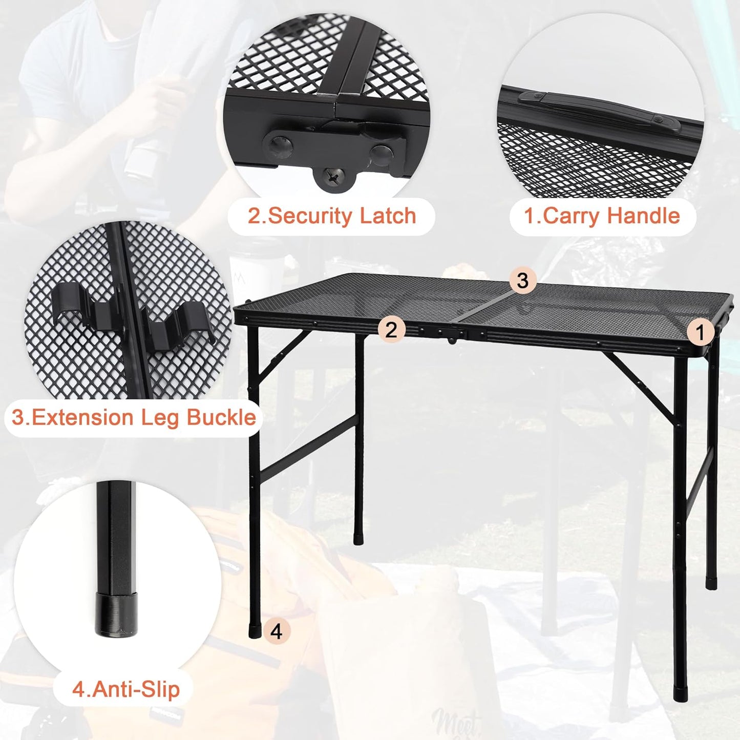GREGIN Camping Table with Mesh Desktop, Lightweight & Portable Small Folding Grill Table, Height Adjustable Metal Outdoor Table for Camp, Cooking, BBQ, RV, Picnic-2 FT Black