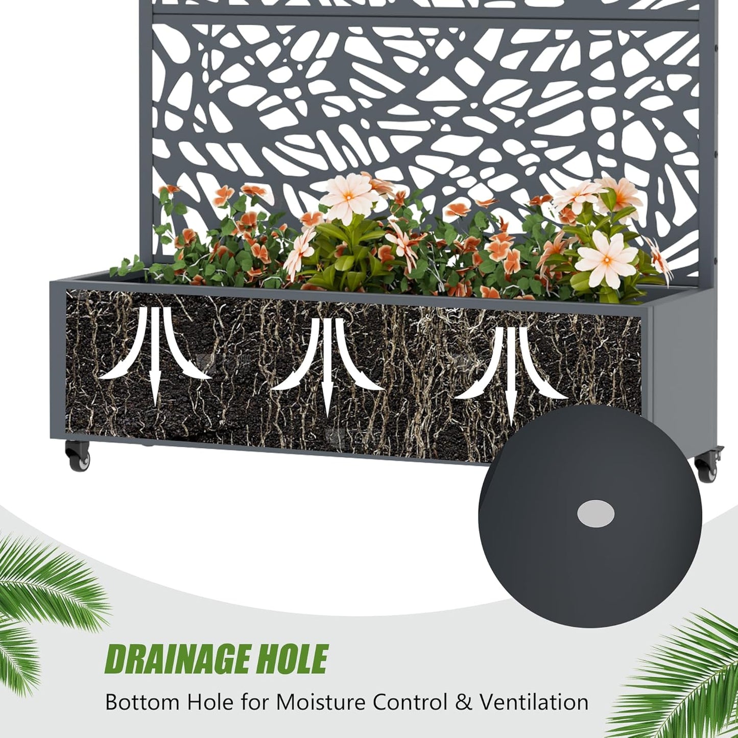 Casaphoria Metal Raised Garden Bed with Trellis and Wheels, 72"x47"x16" Planter Box for Climbing Plants, Vegetables & Vines, Features Drainage Holes and Privacy Screen (Black-Louver) - Colors D