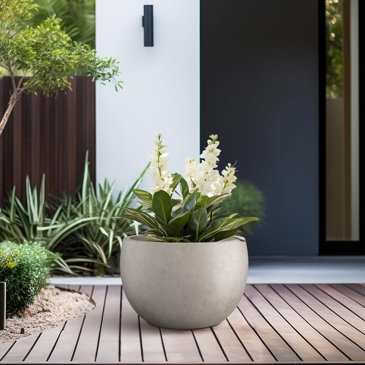 Large Round Bowl Vintage BRN Concrete Planter 19.9" Dia, Outdoor