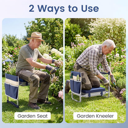 2-in-1 Garden Kneeler & Seat, Folding Seat w/EVA Foam Kneeling Pad & Removable Tools Pouch, Sturdy Steel Frame, No Assembly, Portable Heavy Duty Garden Stool for Women & Men