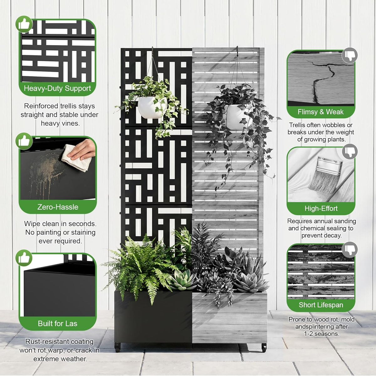 Casaphoria Metal Raised Garden Bed with Trellis and Wheels, 72"x47"x16" Planter Box for Climbing Plants, Vegetables & Vines, Features Drainage Holes and Privacy Screen (Black-Louver) - Colors C