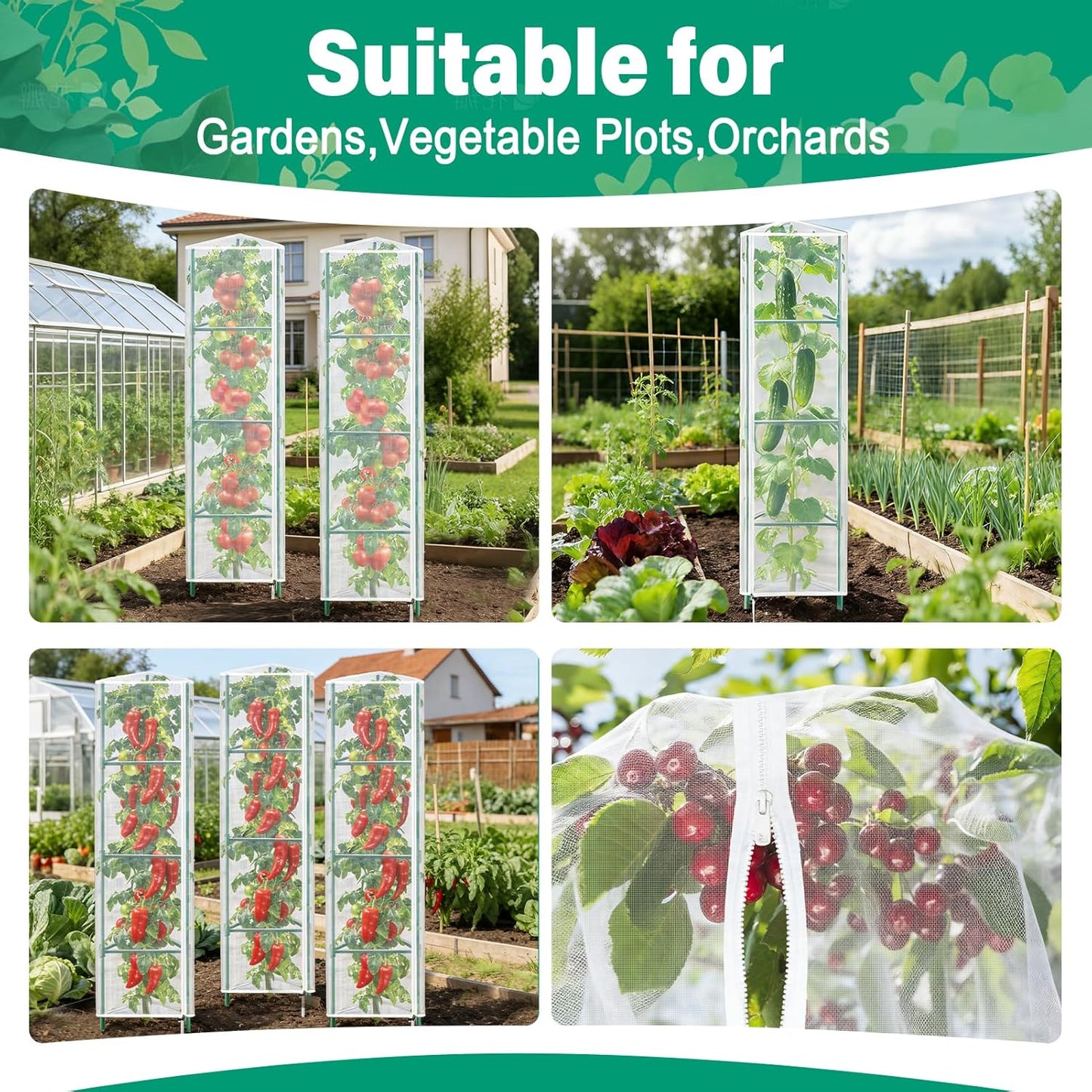 3 Pack Garden Bird Netting Plant Cover for Round Tomato Cage, 61"x13" Insect Bird Barrier Tomato Cage Net with Zipper & Drawstring, Tomato Trellis Netting Protection Cover for Protecting Plants