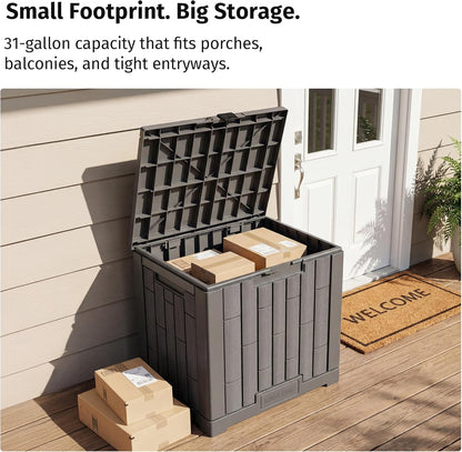 EAST OAK Outdoor Storage Box, 31 Gallon Deck Box Indoor and Outdoor Use, Waterproof Resin Storage Bin for Package Delivery, Patio Cushions, Gardening Tools, Lockable, UV Resistant, Grey