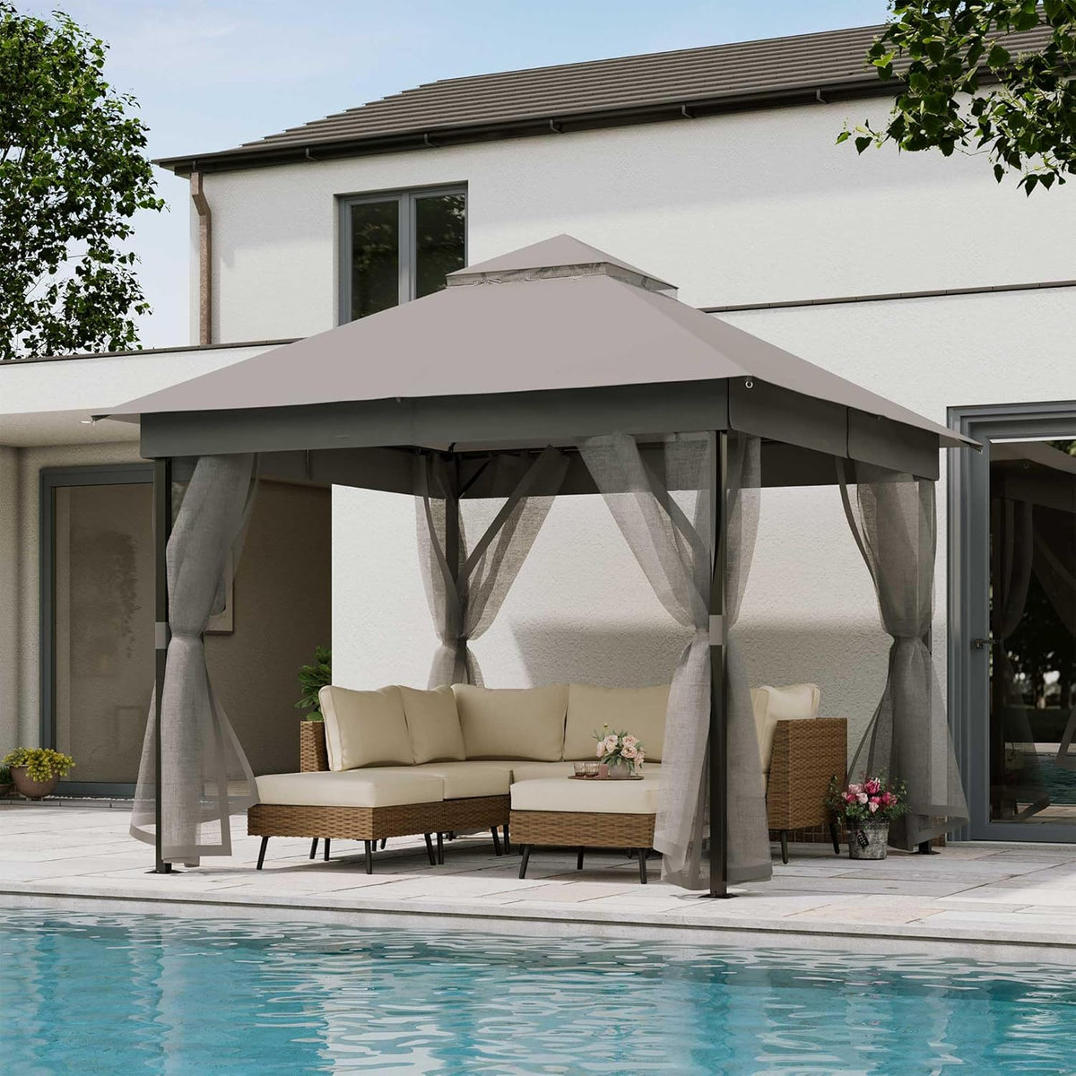 10x20 Gazebo Canopy with 100FT String Lights, Metal Heavy Duty Patio Canopy Tent with Double Roofs, Mosquito Nettings and Privacy Screens for Backyard, Garden, Lawn, Gray