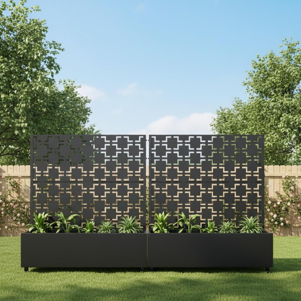 Casaphoria Metal Raised Garden Bed with Trellis and Wheels, 72"x47"x16" Planter Box for Climbing Plants, Vegetables & Vines, Features Drainage Holes and Privacy Screen (Black-Louver) - Colors B