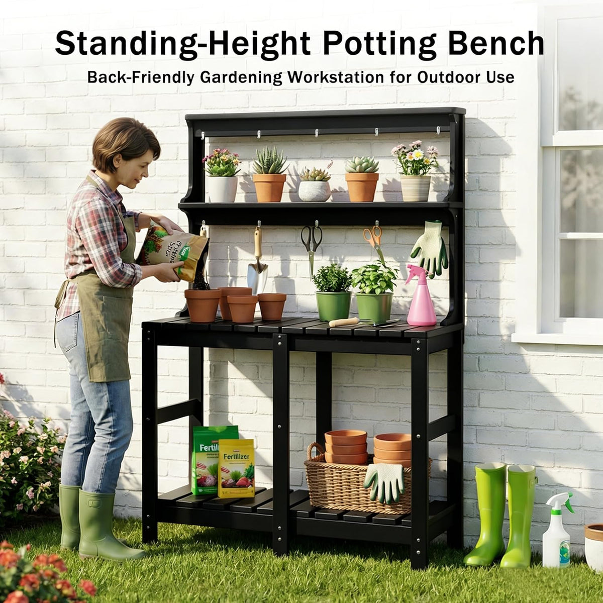 Outdoor Potting Bench with 3 Tier, All-Weather Patio Potting Table with Tool Hooks, HDPE Gardening Table for Backyard, Garden, Brown