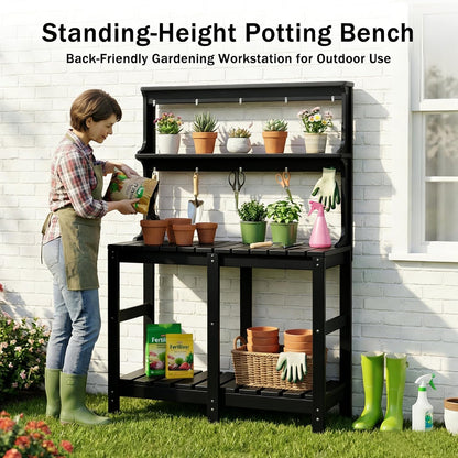 Outdoor Potting Bench with 3 Tier, All-Weather Patio Potting Table with Tool Hooks, HDPE Gardening Table for Backyard, Garden, Brown