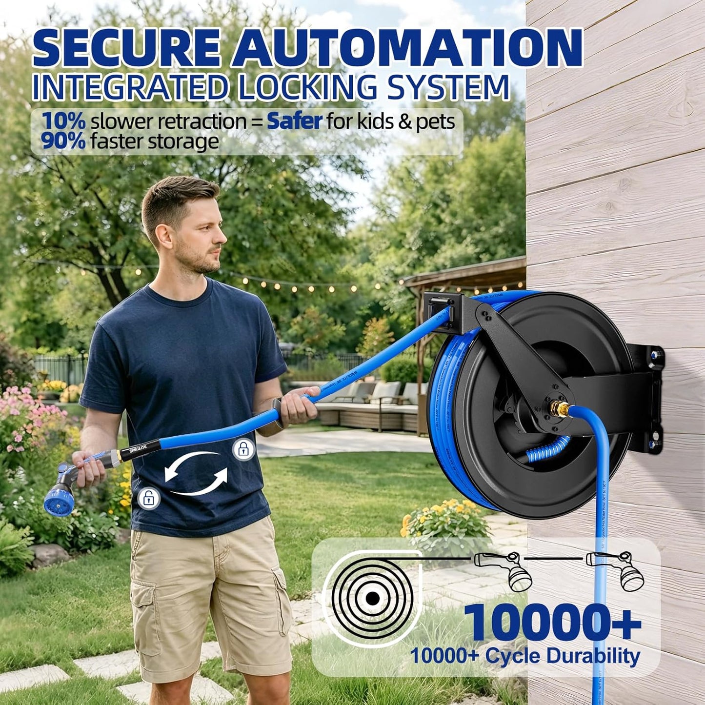 SPECILITE Hot/Cold Retractable Garden Hose Reel 50ft x 5/8'', -50℉ - 190 ℉, Wall Mount Water Pipe Spool, Heavy Duty, with 6ft Leader Hose, 8 Function Nozzle, for Backyard, Outdoor, Farm, Boat, Black
